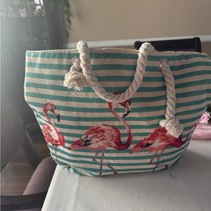 Striped Flamingo Canvas Tote Bag in Teal and Coral